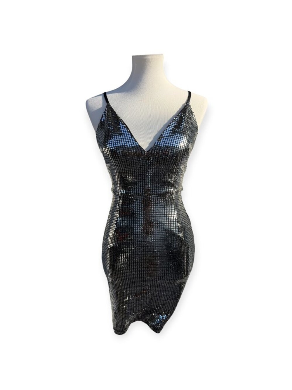 Dear Moon Dress Size 0 Black Silver Sequin Bodycon Mini V Neck Spaghetti Strap